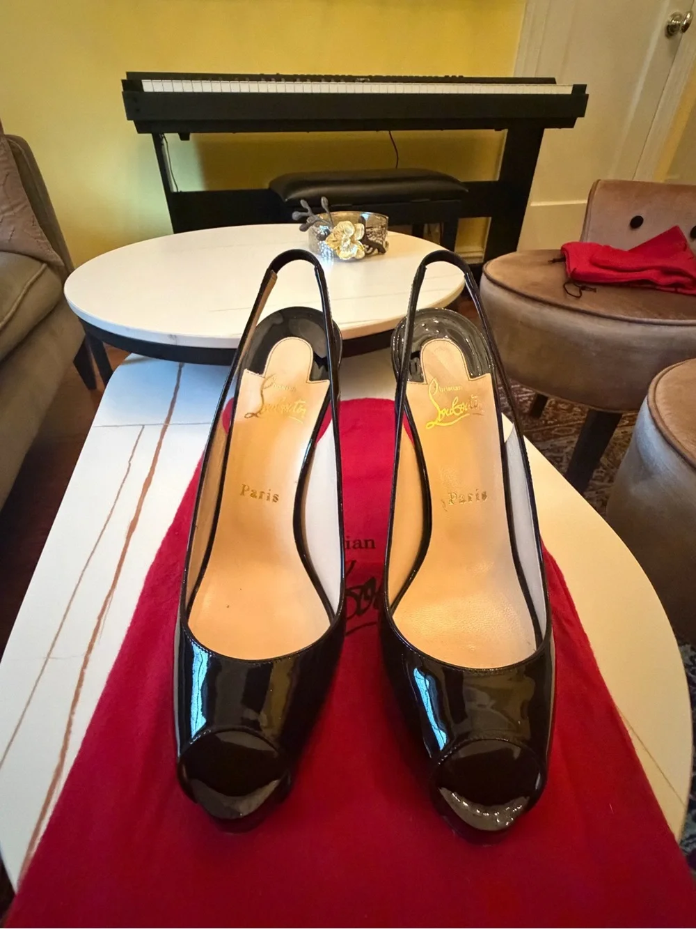 Christian Louboutin Black Patent Peep-Toe Slingback Heels